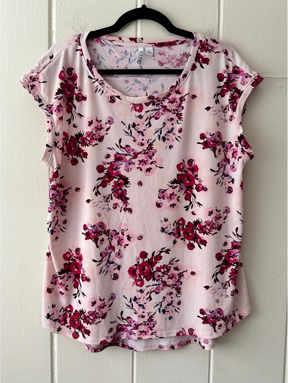 Elle Jersey Knit Blouse Pale Pink Floral Size Large
